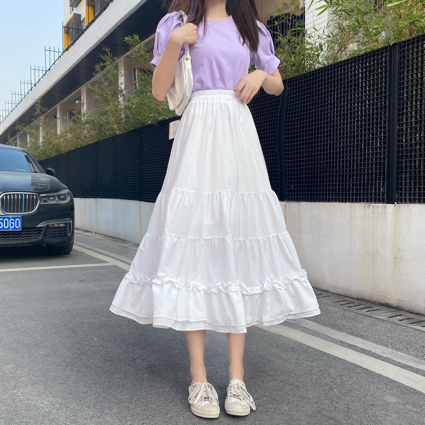 白色伞裙裙子字显高腰雪纺半身中长女夏长裙半身裙