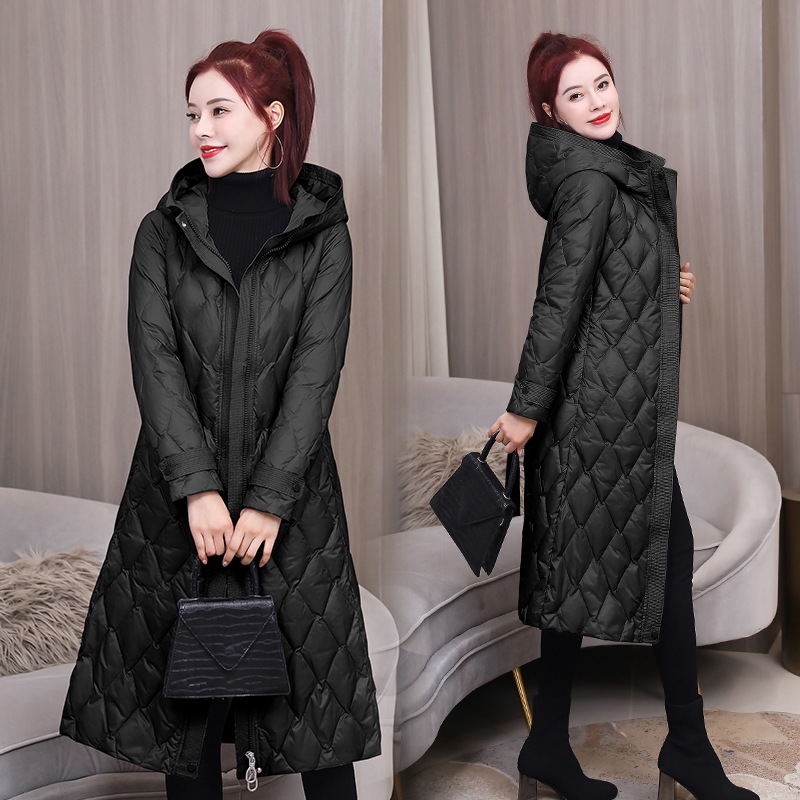 菱形羽绒服腰带鸭绒白鸭绒格长款版型时尚潮流简约外套羽绒服