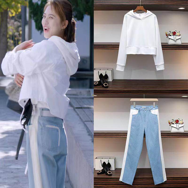 你是我的城池营垒姜珮瑶阮青夏同款白色连帽短款卫衣牛仔裤