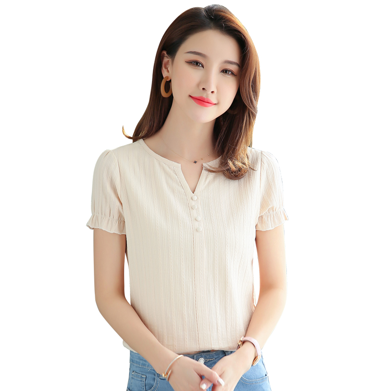 纯棉t恤女短袖 2018夏装新款潮女装韩版韩范 女士衣服白色v领上衣