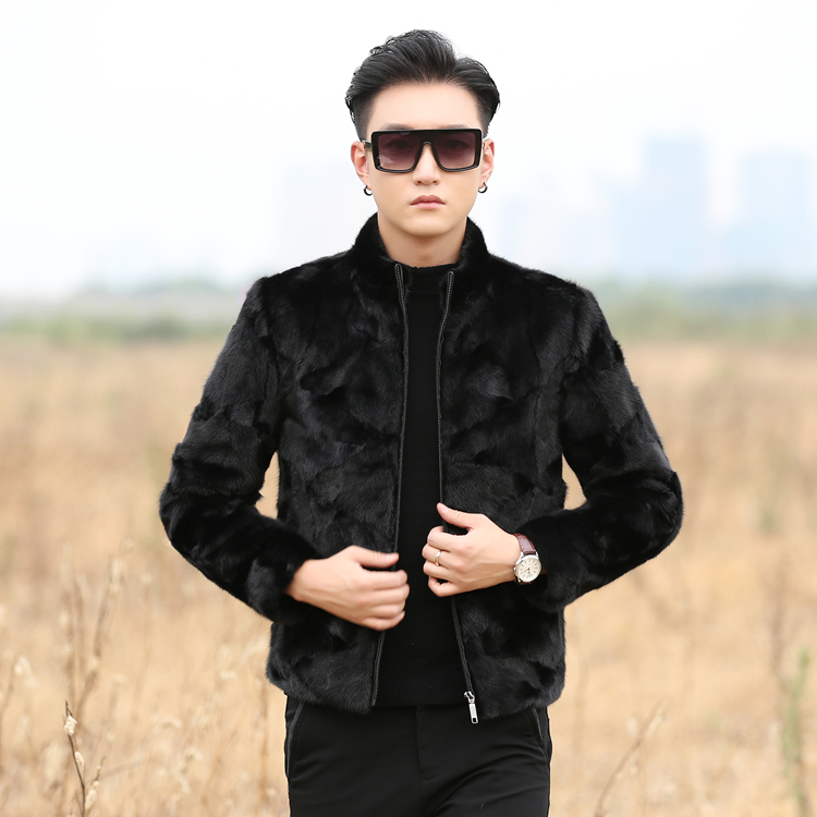 冬季新款大码貂皮大衣男士立领水貂皮草短款皮毛一体外套修身显瘦
