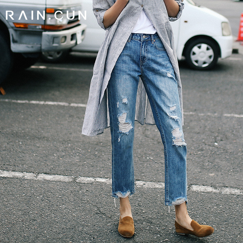 破洞牛仔裤女直筒宽松膝盖浅色复古高街潮ins显瘦显高哈伦九分裤