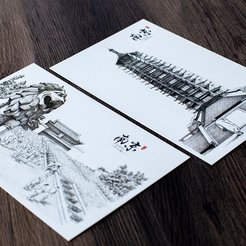 创意黑白素描明信片南京精细钢笔画夫子庙中山陵明孝贺卡