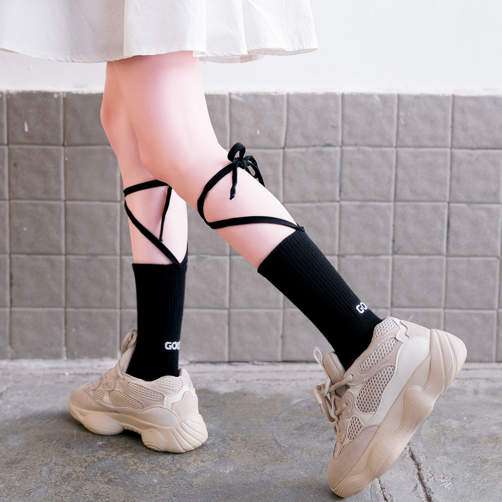 lolita交叉绑带袜子女ins潮小腿袜夏季薄款过膝长筒袜日系中筒袜