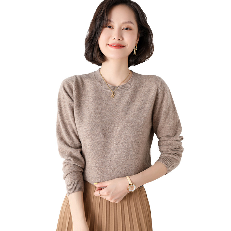 100%纯羊绒衫女秋冬季新款圆领羊毛衫毛衣套头纯色宽松打底衫保暖