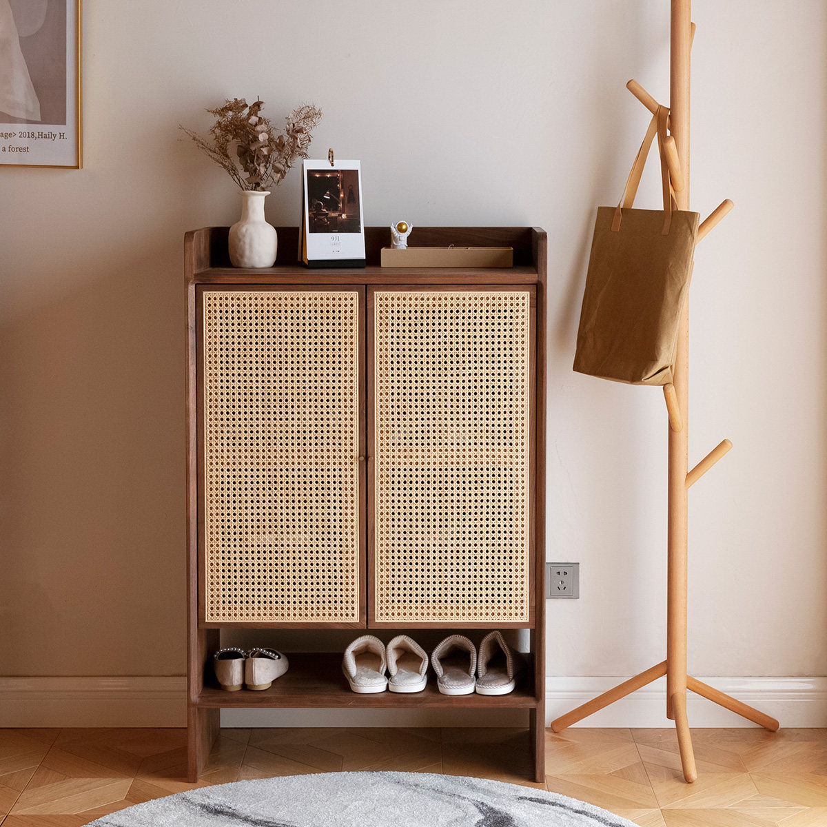 及木家具北欧日式收纳樱桃桃木胡桃开门编藤鞋柜