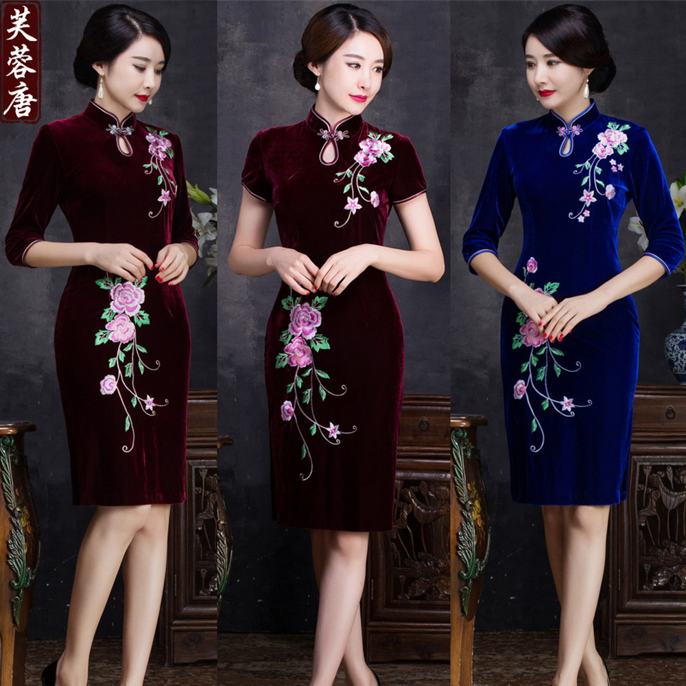 2020春夏新款刺绣绣花改良女士丝绒旗袍时尚旗袍