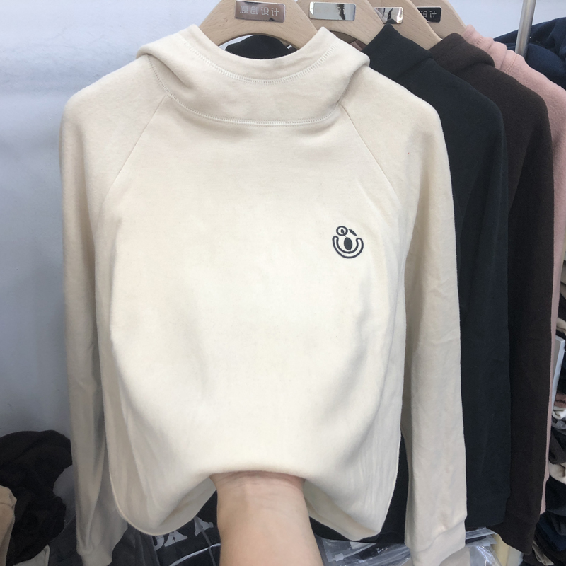 米白色双面磨毛连帽卫衣女2021年秋冬新款德绒打底衫宽松上衣帽衫