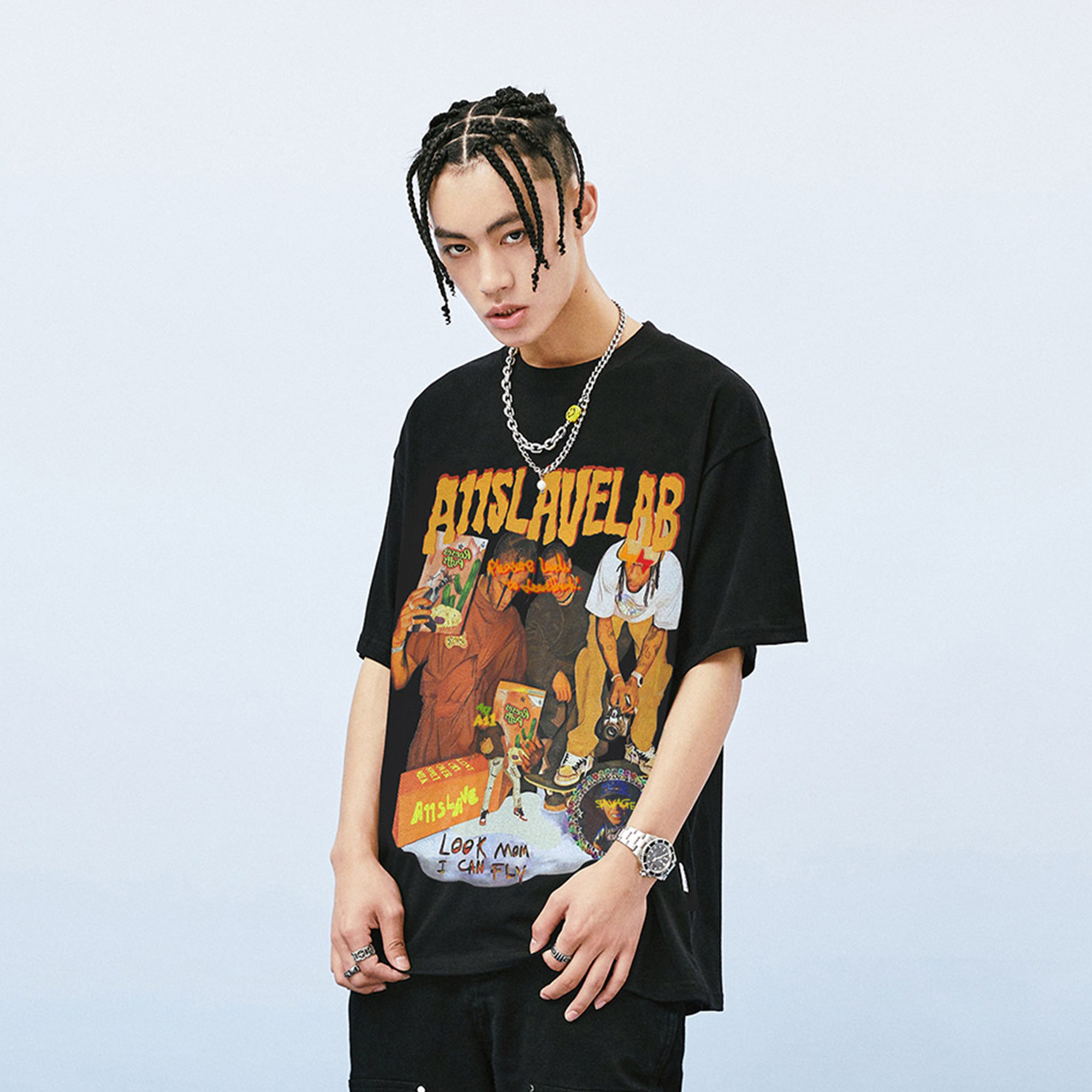 A11SLAVE嘻哈歌手短袖2021夏新款潮牌复古人物高街男情侣装T恤