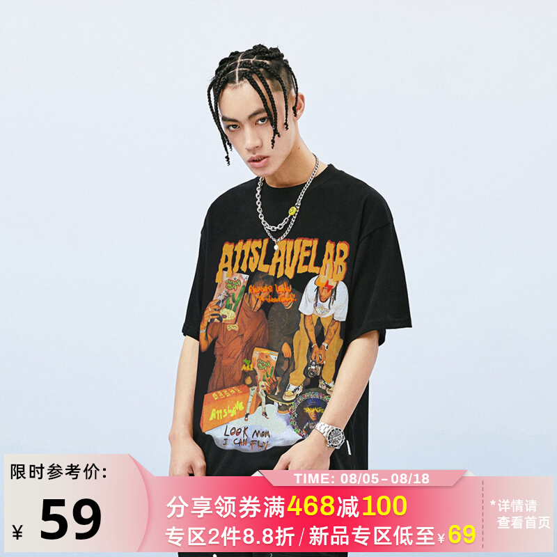 A11SLAVE嘻哈歌手短袖夏新款潮牌宽松ins半袖复古高街男情侣装T恤