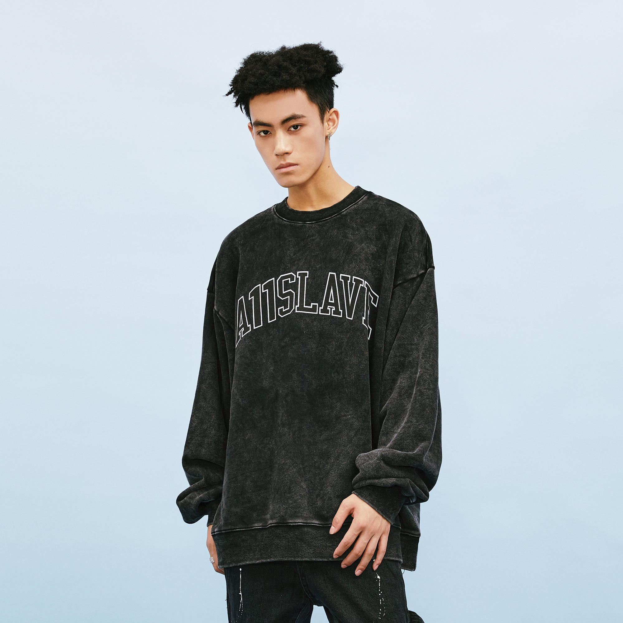 A11SLAVE新款国潮基础美式字母印花高街水洗做旧加绒套头圆领卫衣