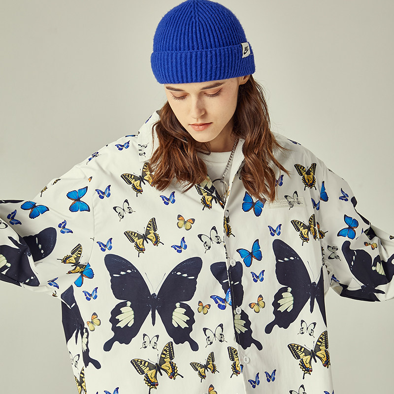 nextdawn时尚潮牌2020秋季新款满印蝴蝶长袖宽松衬衫