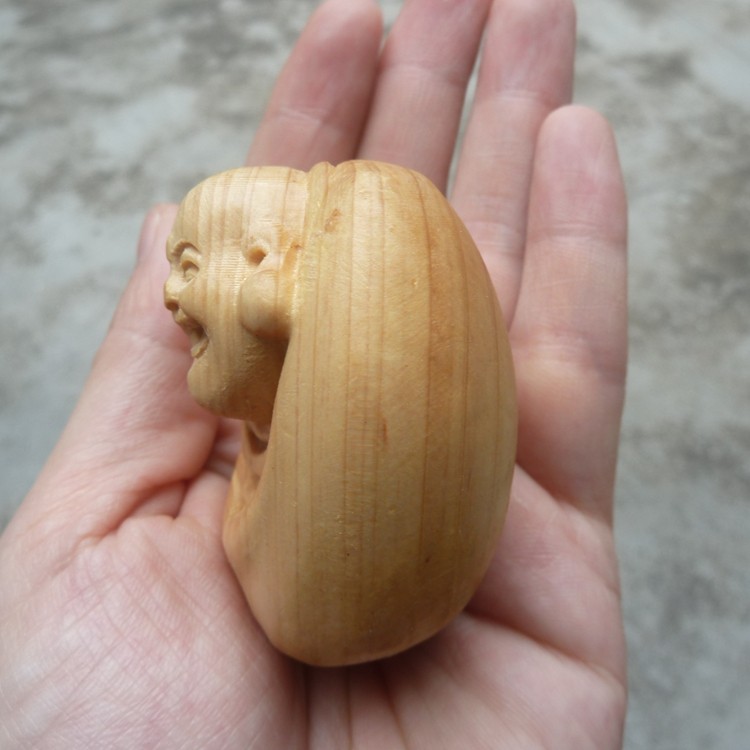 木雕太行太行山山崖柏木手把手玩件2寸小件笑佛木雕