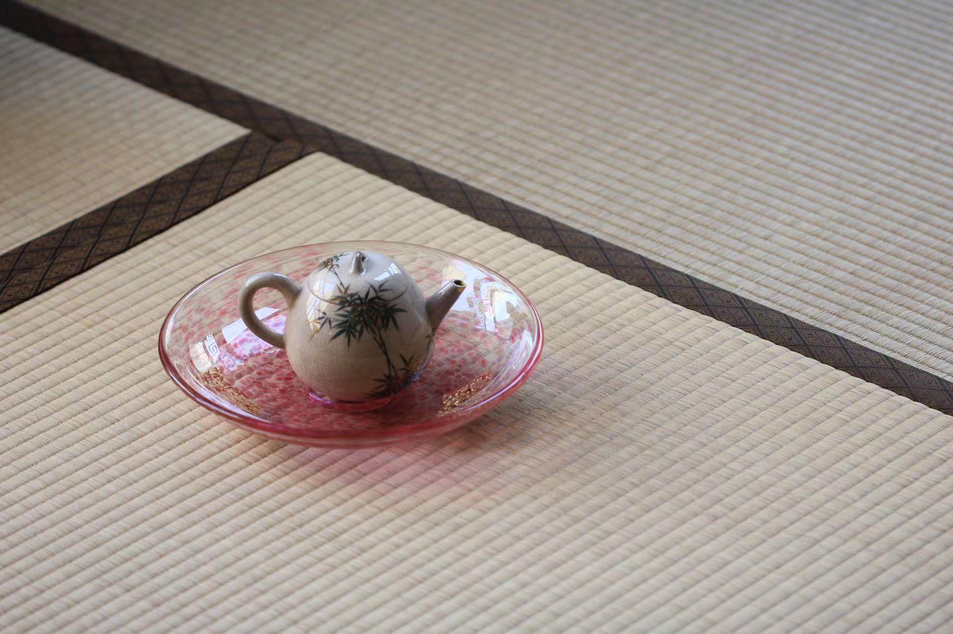 日本中古壶承茶盘果子金箔桃色吹雪手作硝圆盘茶道