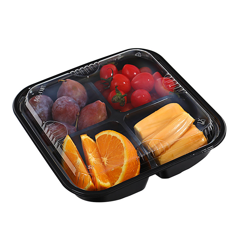 4分格果切盒一次性透明鲜果水果四分塑料黑色一次性餐盒