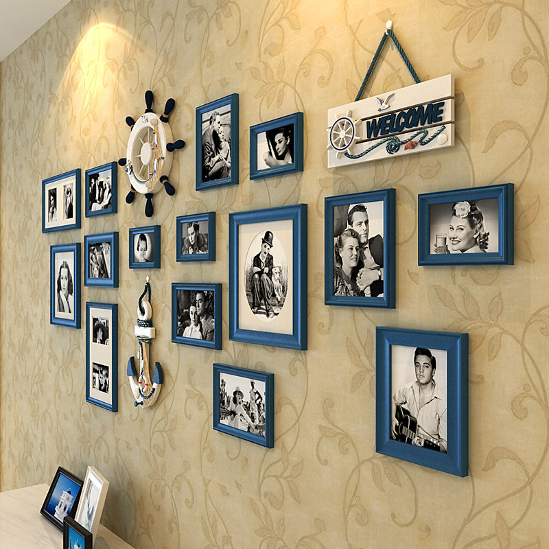 蓝色墙面墙包照片地中海框挂相片黑色实木欧式照片墙