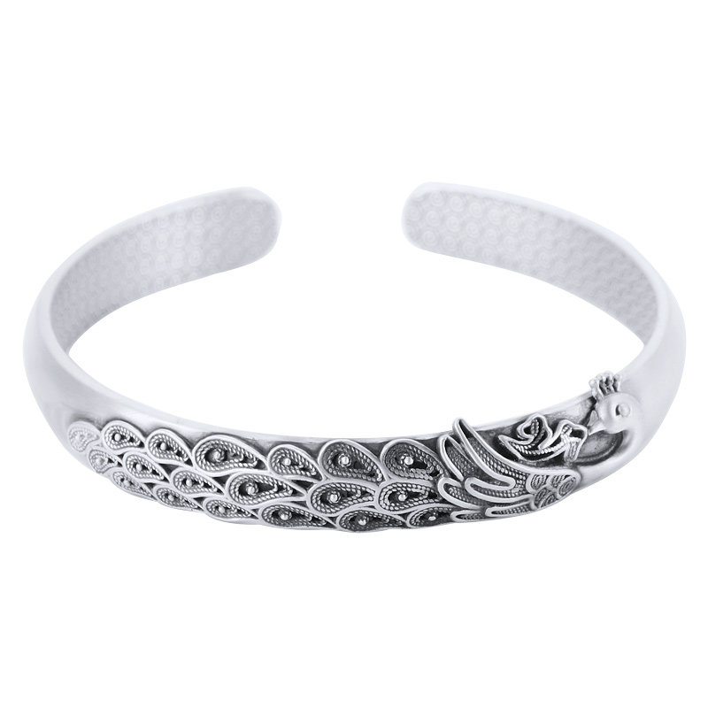 足银孔雀手镯纯银复古民族风开口妈妈古典做旧款手镯