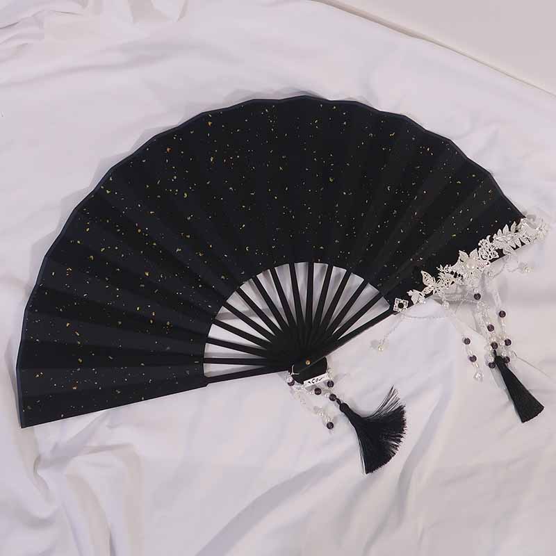 晚吟原创手工折扇黑色烫金宣纸苏工扇面古风工艺扇