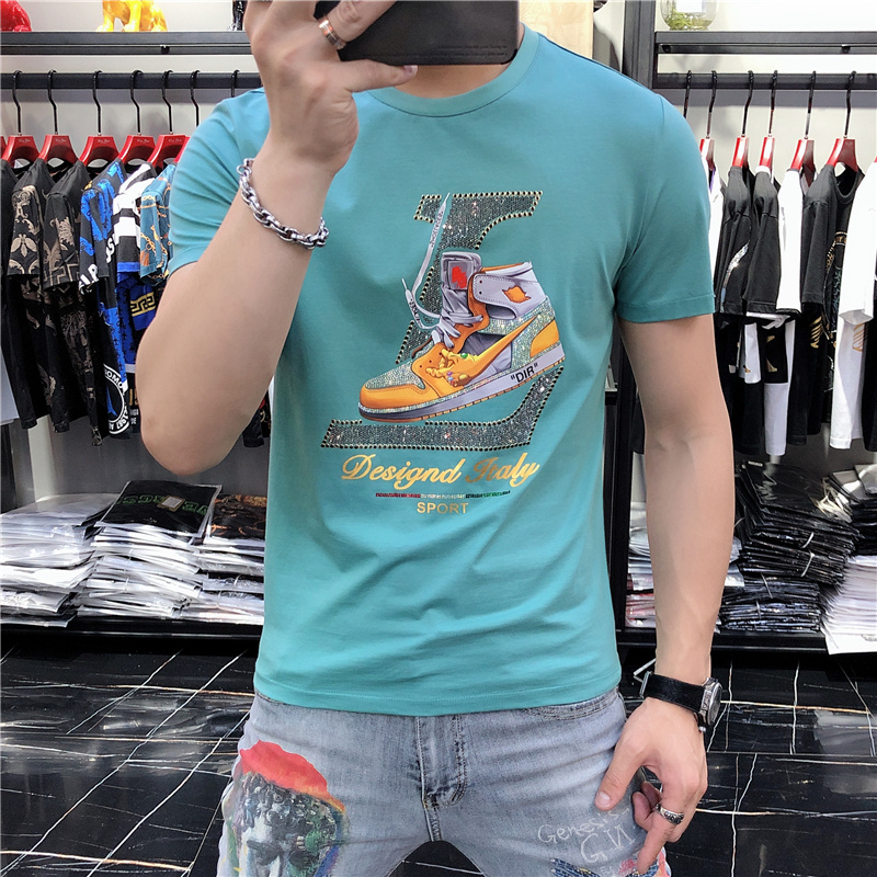 短袖t恤男2022夏季新款网红个性休闲烫钻印花半袖体恤男百搭潮流