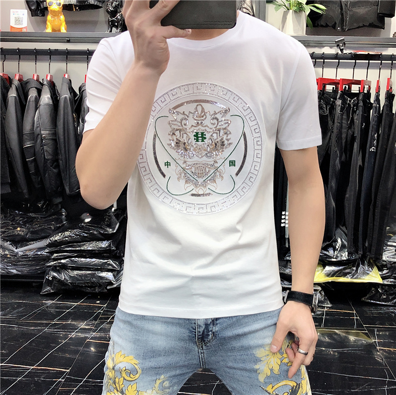 2022夏季新款男士休闲短袖T恤国潮亮片刺绣丝光棉半袖打底衫潮流