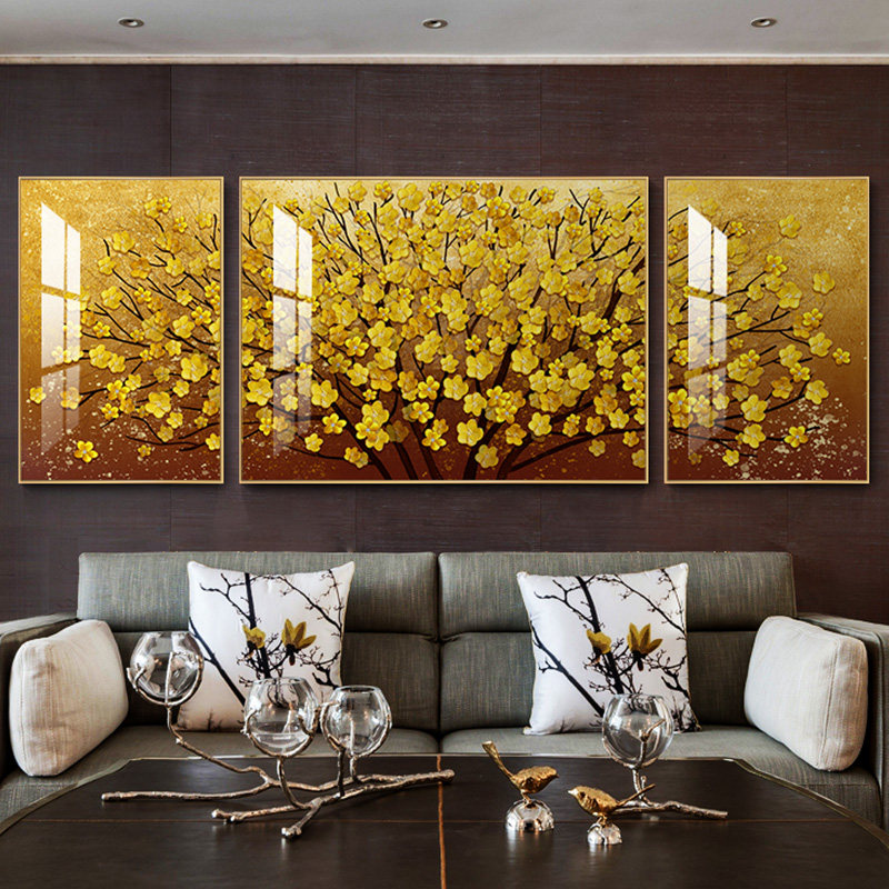 金色发财树装饰画沙发背后墙上壁画中堂画客厅挂画轻奢三联画大气