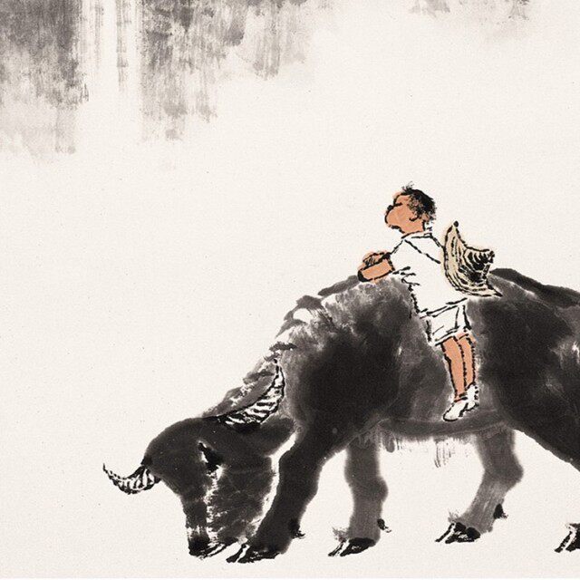 李可染画牛牧童骑牛国画雨势骤晴山又绿字画儿童国画