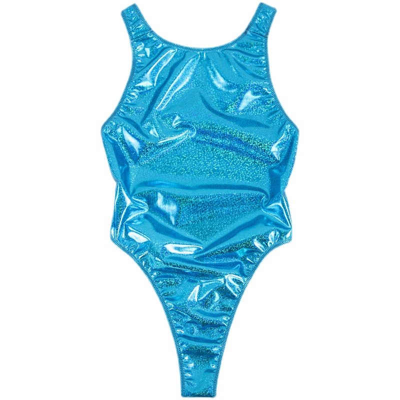 高光油亮镭射亮光反光高叉露背激光烫金显瘦连体泳衣