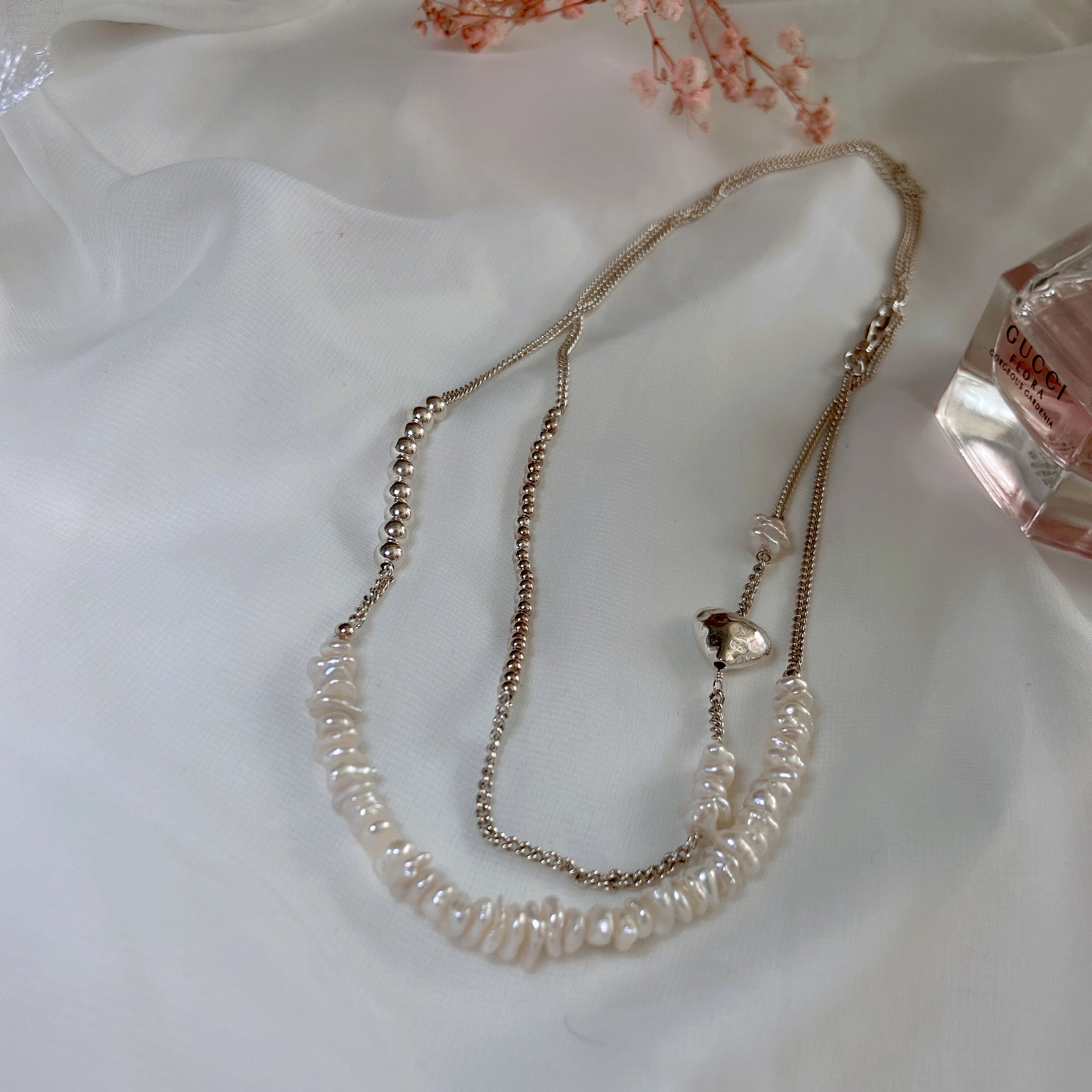 纯银s925时尚个性爱心项链双层珍珠原创银子项链