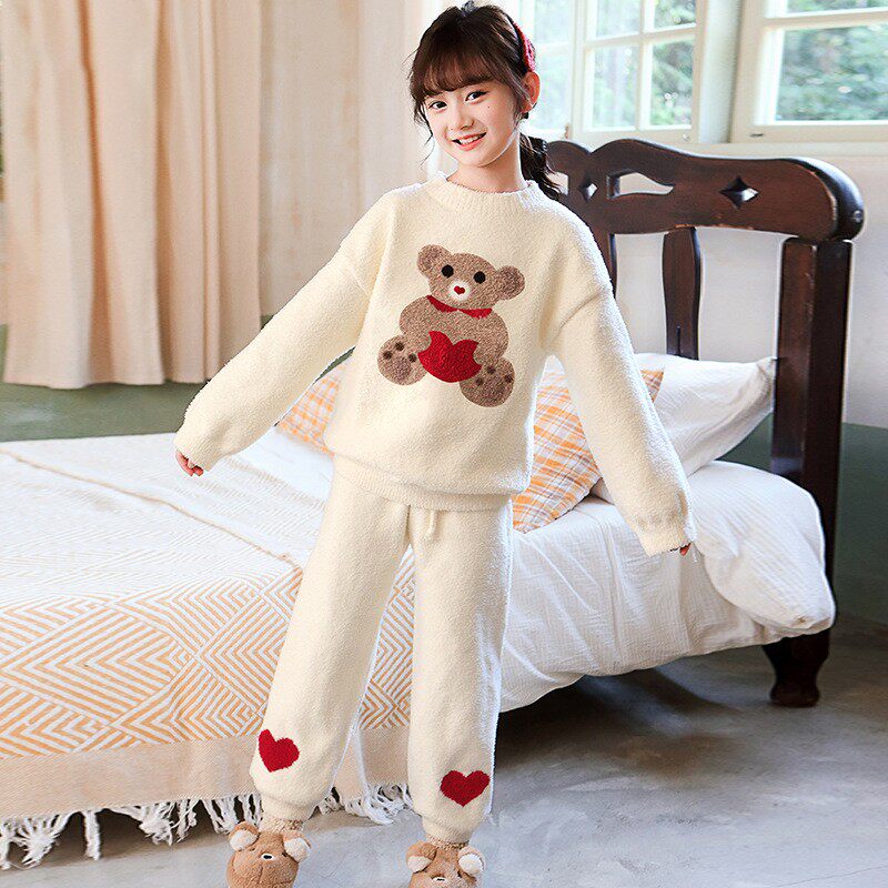 法兰绒儿童睡衣冬装女童加厚珊瑚瑚绒女孩家居服家居服套装