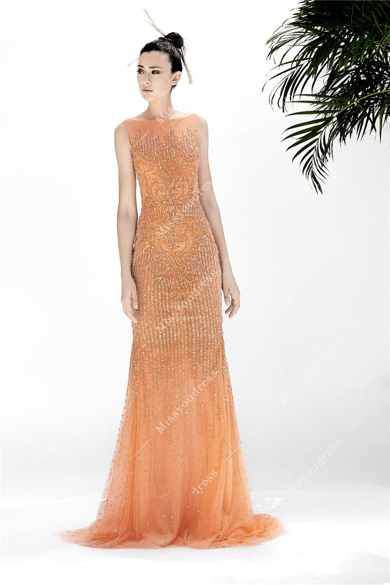 新款高端橘色鱼尾礼服年会宴会酒会生日派对礼服