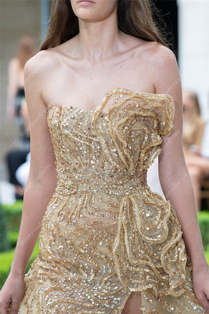 zuhairmurad香槟金色抹胸高开叉霸气拖尾奢华舞台走秀礼服