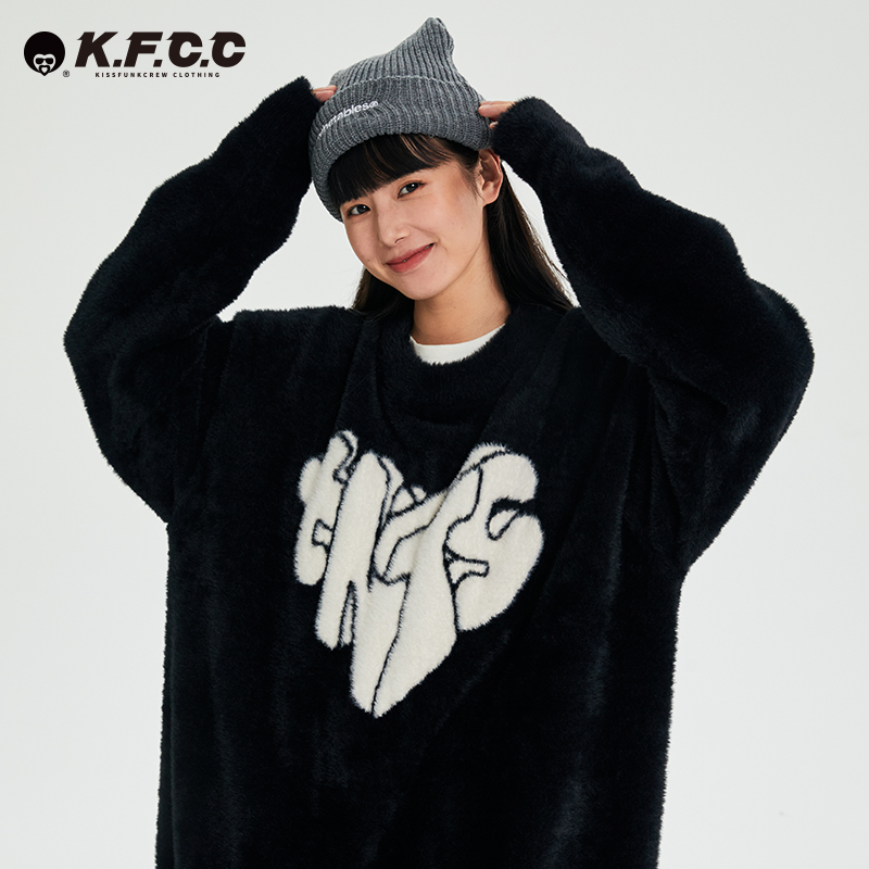 【KFCC】Turnthetables仿貂毛提花爱心毛衣国潮圆领宽松针织衫男