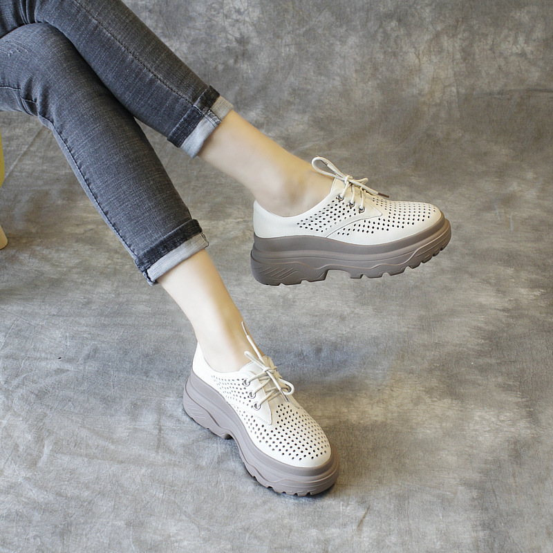 镂空女凉鞋真皮2022夏季洞洞小皮鞋米白色休闲增高6CM厚底松糕鞋