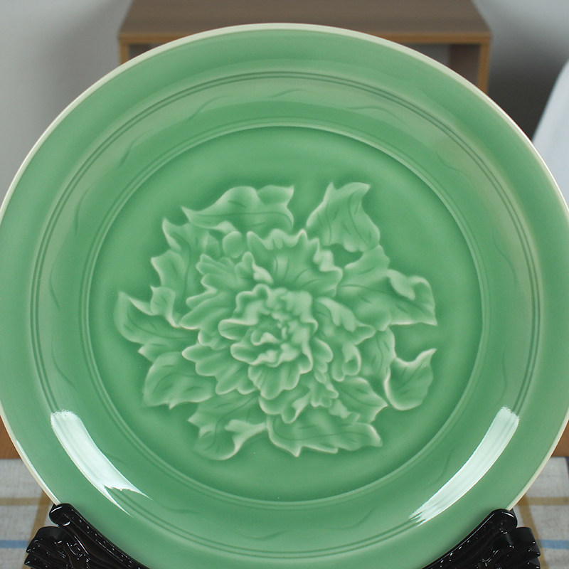 陶瓷玄关牡丹挂盘青瓷龙泉装饰品门厅装饰坐盘