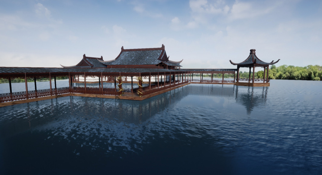 ue4古代亭子长廊水上中式古建筑日式虚幻古风设计素材