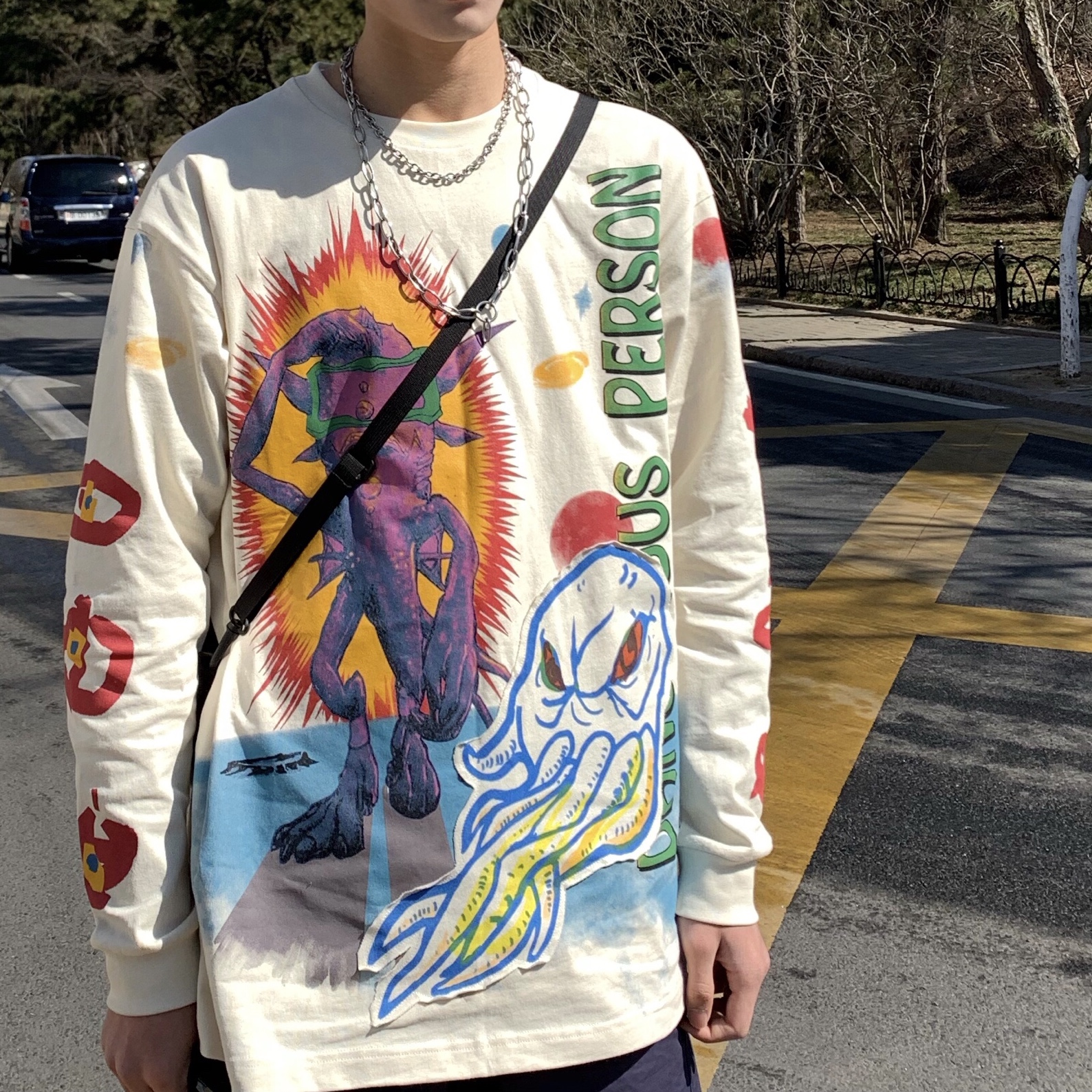 DamnLab  街头嘻哈涂鸦八爪鱼贴布宽松圆领T恤长袖卫衣男女国潮