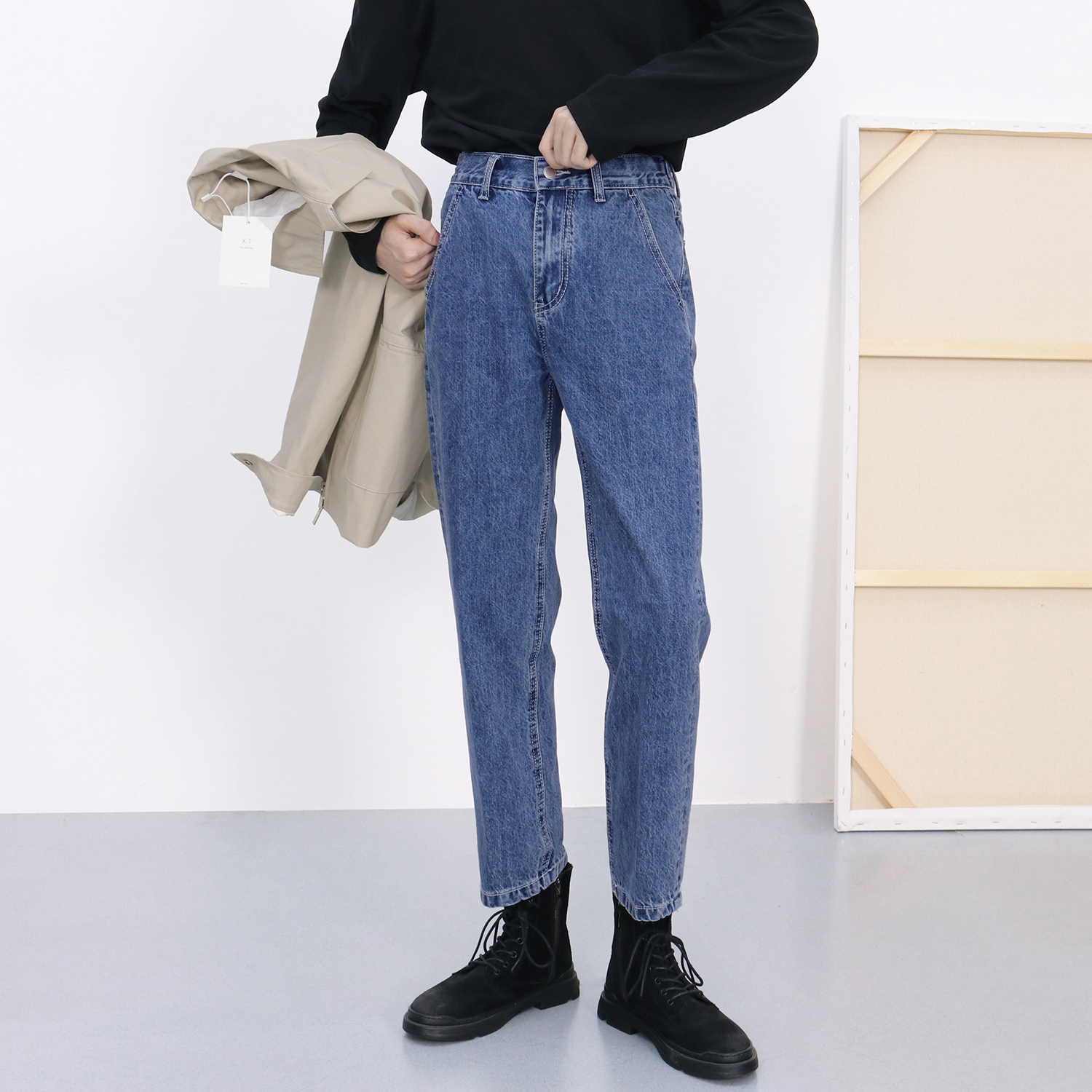 复古水洗蓝色休闲直筒牛仔裤男潮流百搭斜插袋痞帅裤子男夏季薄款