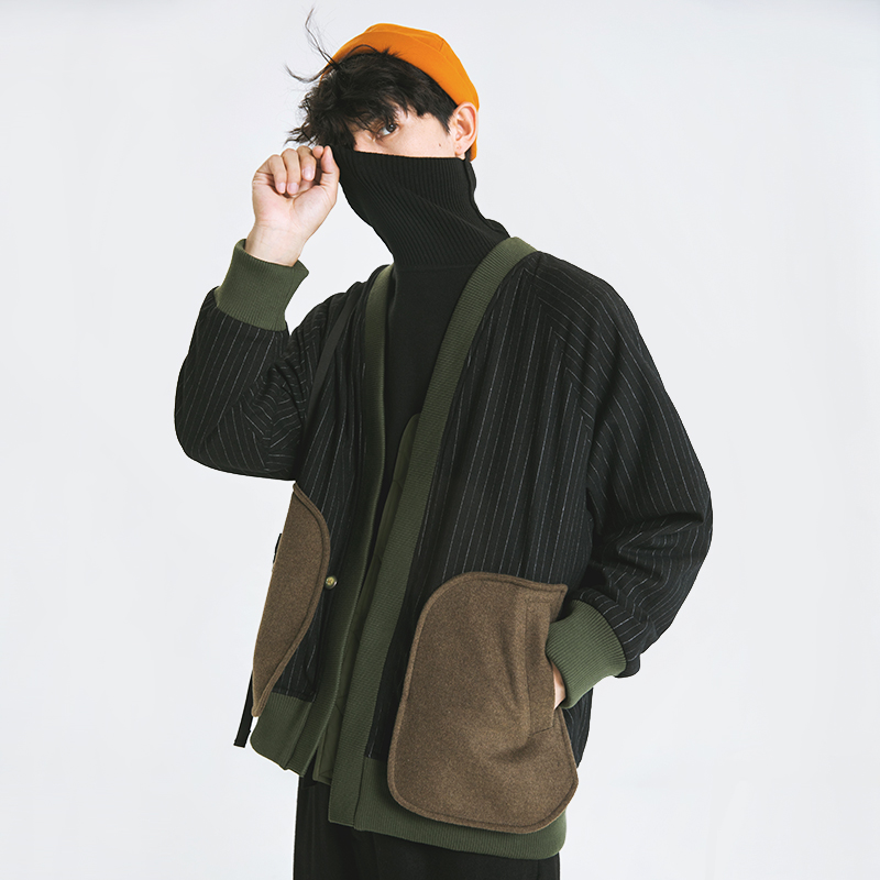 有时又一/秋冬外套男加厚原创毛呢拼接日系复古宽松休闲保暖夹克