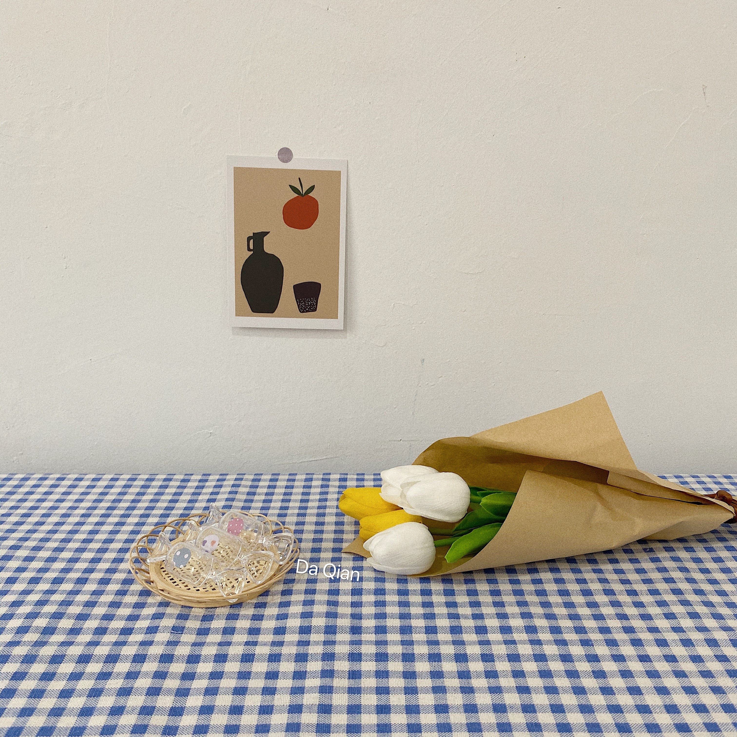 韩风小清新蓝色格子桌布ins摆拍野餐布女生宿舍书桌装 大千印象 饰