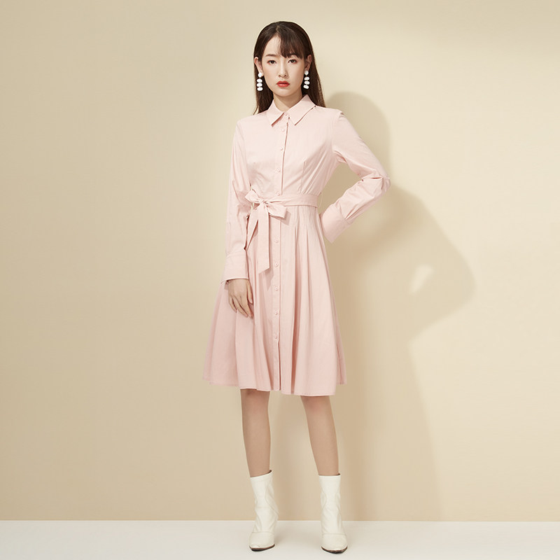 十八淑女坊2021新款通勤粉色气质连衣裙收腰显瘦绑带连衣裙