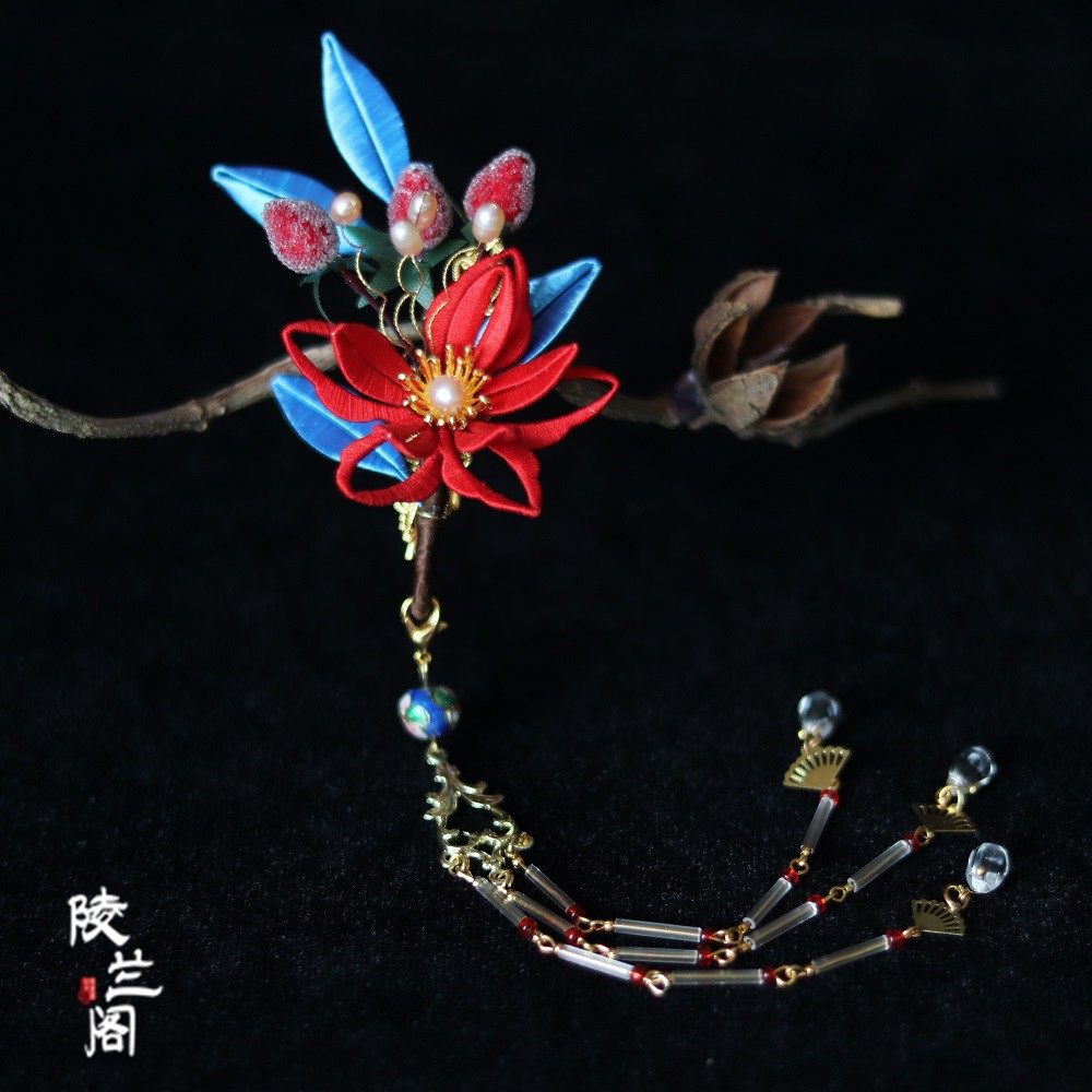 手工古风缠花草莓发钗汉服头饰头花配饰珍珠发饰