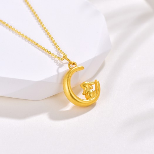 中国足金月亮吊坠24k黄金生肖项链本命年女友颈饰