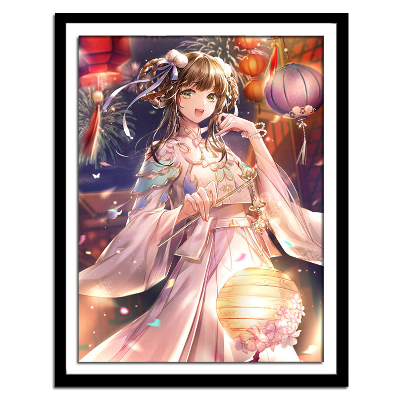 钻石画满钻卡卡通动漫可爱古风女孩元宵灯笼十字绣套件