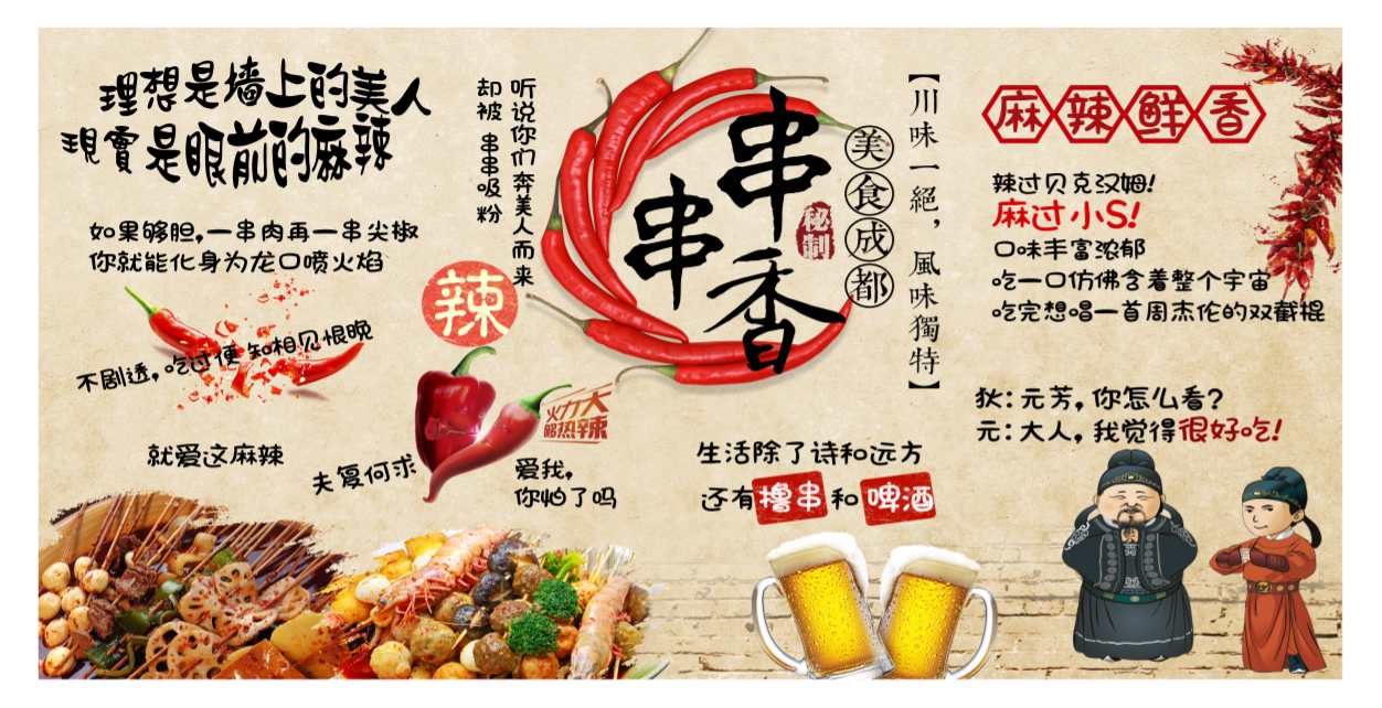 串串复古麻辣烫餐厅贴纸美食餐饮火锅店特色装饰软装墙贴