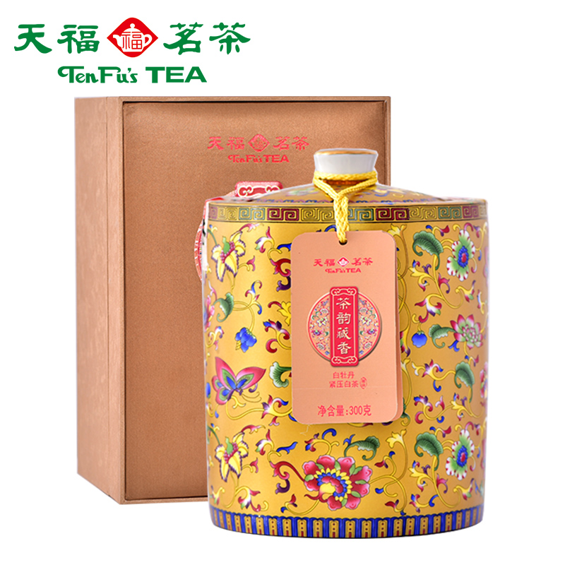 天福茗茶茶韵藏香白牡丹珐琅彩绘瓶掰块白茶福鼎茶叶茶礼300g