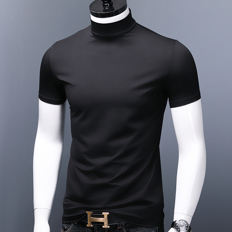 高领短袖男t恤丝光棉内搭加绒半袖上衣修身莫代尔中领打底衫休闲