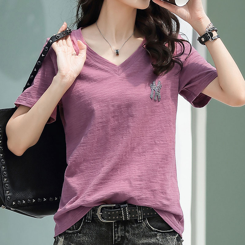 纯棉白色t恤女短袖夏季新款韩版宽松百搭竹节棉半袖v领上衣体恤潮