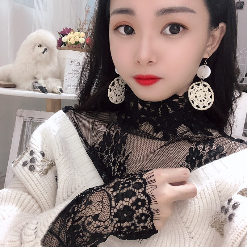 打底半高高领蕾丝上衣女网纱超洋气喇叭长袖蕾丝衫