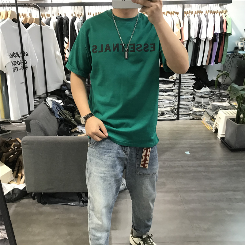 美式潮流男士短袖T恤宽松落肩弹力亮色半袖字母上衣简约情侣百搭