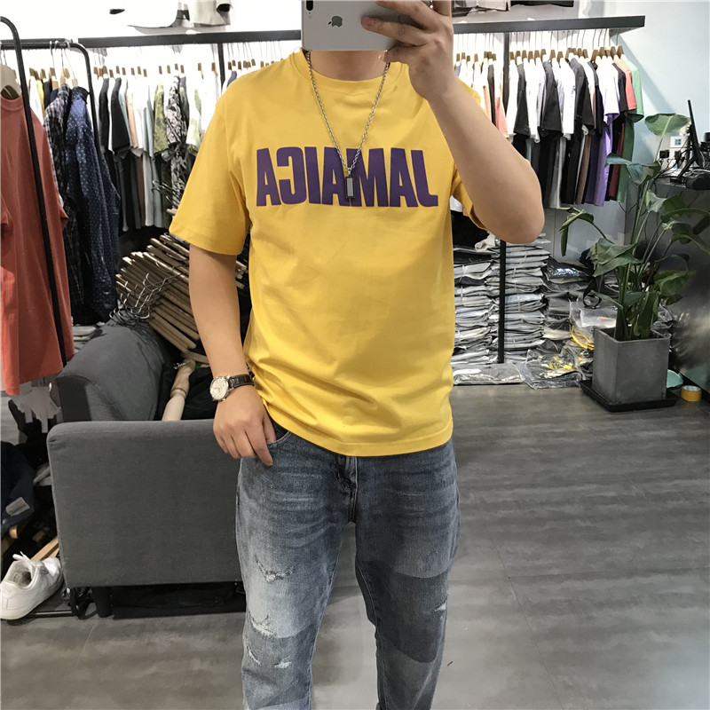 夏季亮色男士短袖T恤字母简约纯棉情侣休闲半袖宽松舒适圆领ins潮